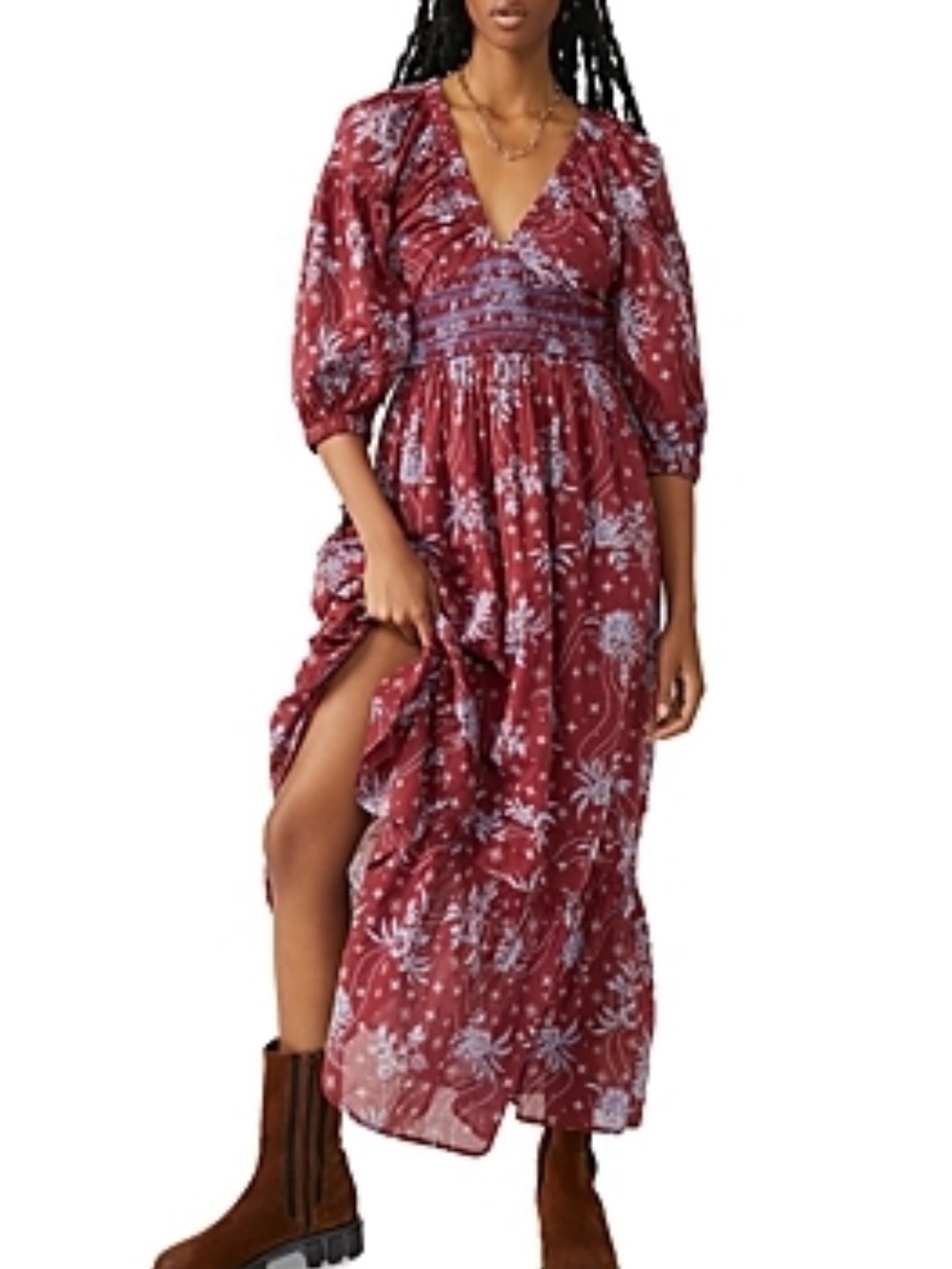 Free People Golden Hour Maxi Dress Size Small Floral Smocked Waist Tiered Ruffle